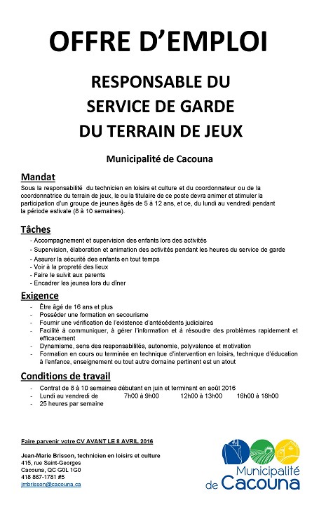 Offre d’emploi responsable du service de garde du terrain de jeux 2016 (Auteur : Jean-Marie Brisson)